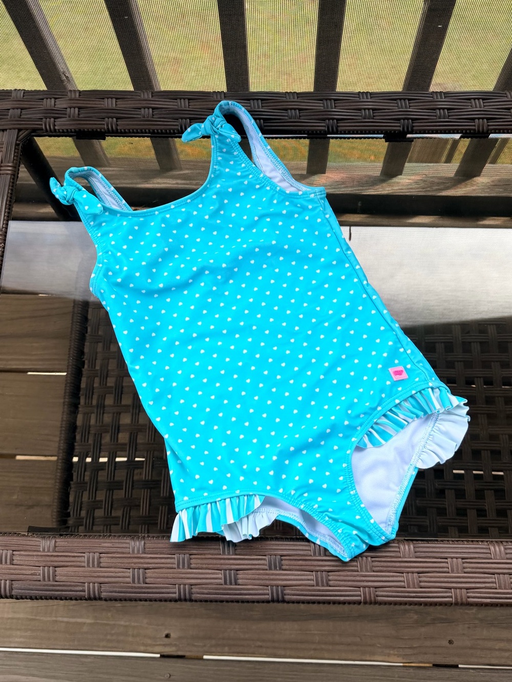 Rufflebutts Kids Aqua Polka-Dot One-Piece Swimsuit with Ruffle Trim Size 6